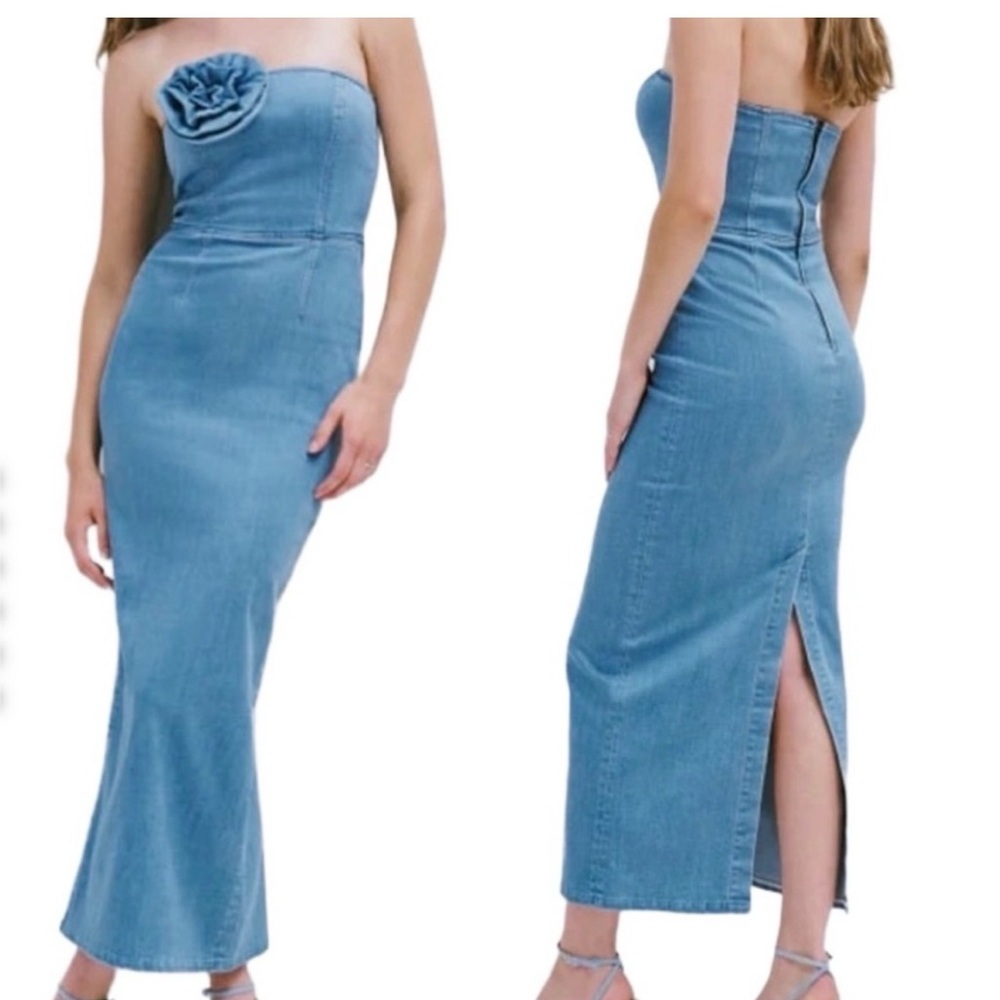 Torn by Ronny Kobo Renee Strapless Denim Midi Dres